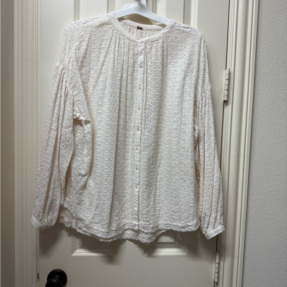 Free People White Eyelet Long Sleeve Button Front Top